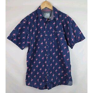 Good Vibes by Drill Mens Hawaiian Shirt Large Blue Flamingo Short Sleeve Slim